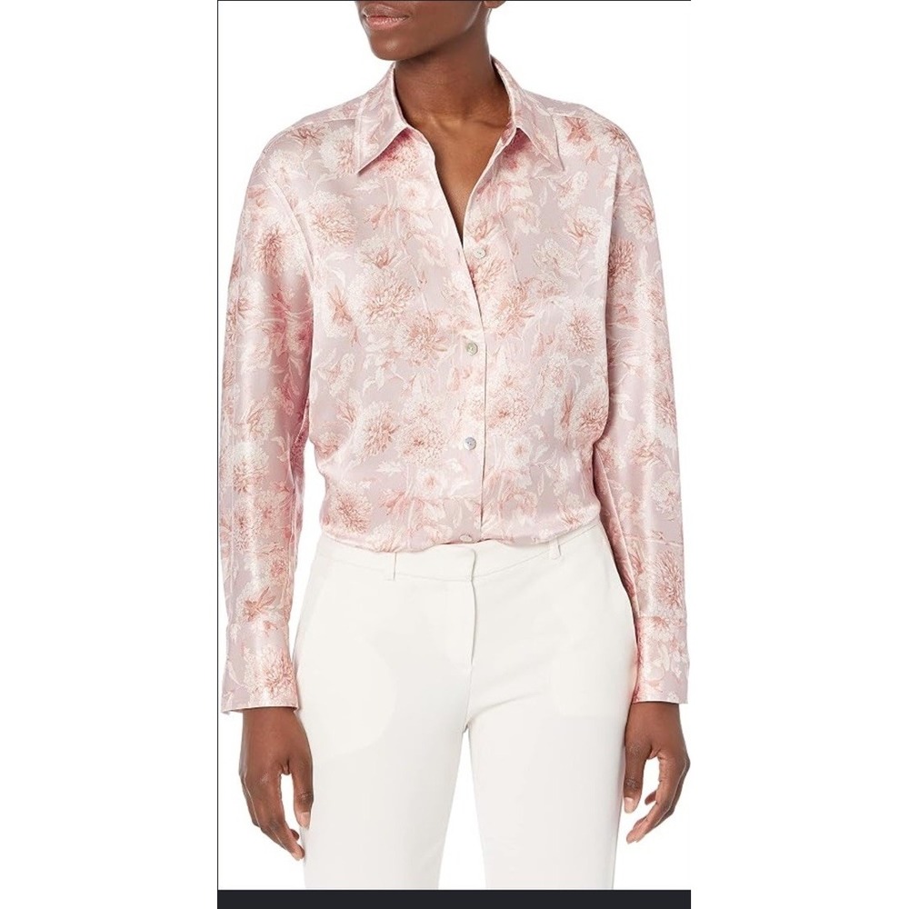 $395 Vince pink/ lavender Floral Button Down Sculpted Dahlia silk Blouse MD
